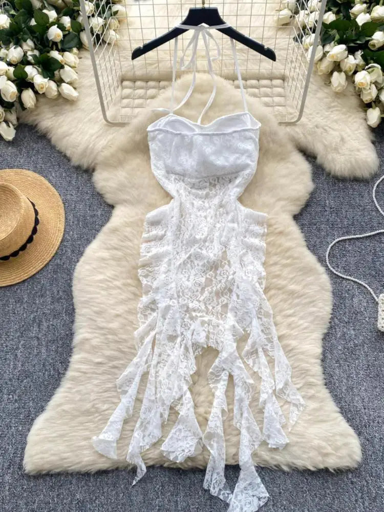 Retro Black White Elegant Ruffles Halter Lace-up Irregular Lace Long Dress Women Summer New Beige Sleeveless Evening Party Dress