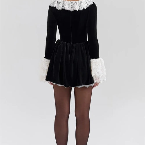 Load image into Gallery viewer, Lace Flare Long Sleeve Sexy Mini Dress Women Black Fashion Square Collar High Waist Pleated Club Party Dress Elegant
