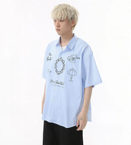 Men's Shirts Short Sleeve Design Korean Personalized Pattern Striped Turn-down Collar Stylish Male Loose Shirt 9W1594