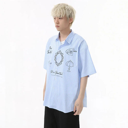 Load image into Gallery viewer, Men&#39;s Shirts Short Sleeve Design Korean Personalized Pattern Striped Turn-down Collar Stylish Male Loose Shirt 9W1594
