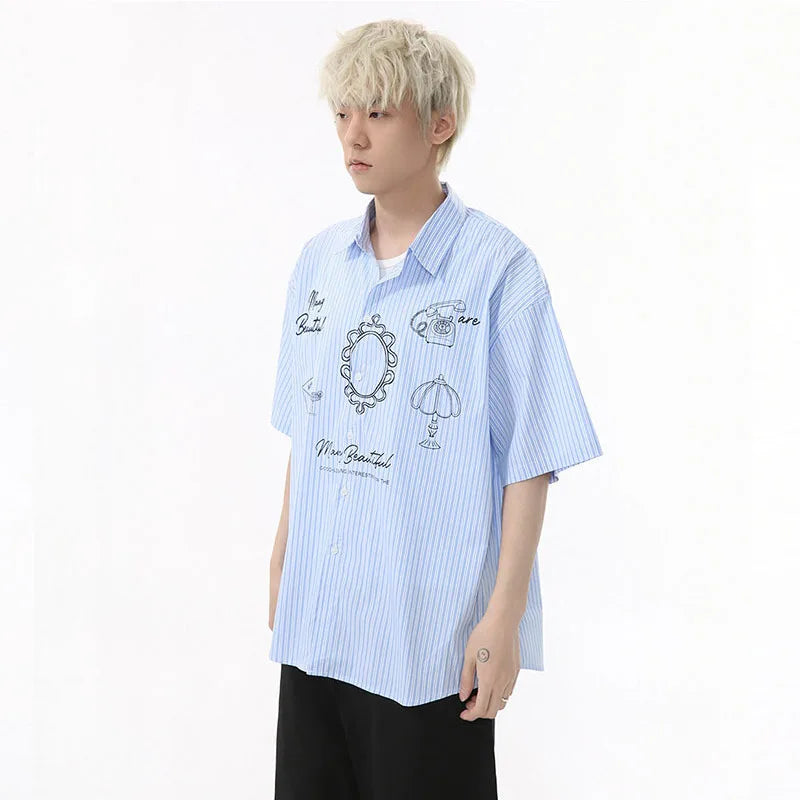 Men's Shirts Short Sleeve Design Korean Personalized Pattern Striped Turn-down Collar Stylish Male Loose Shirt 9W1594