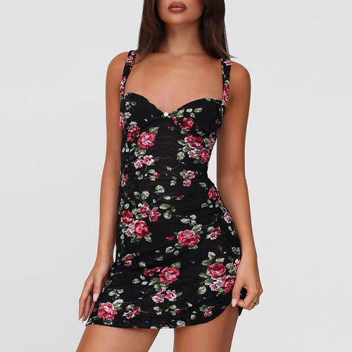 Load image into Gallery viewer, Mesh Print Sexy Mini Dress Women Summer New Spaghetti Strap Sleeveless Backless High Waist Beach Ruched Club Dress
