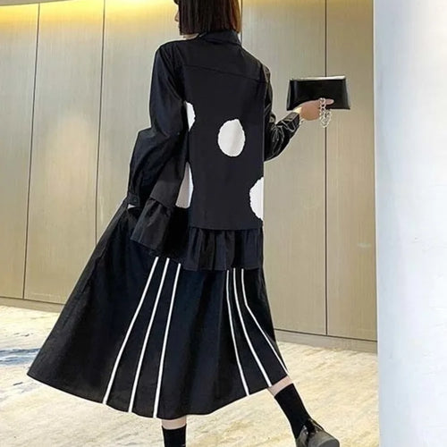 Load image into Gallery viewer, Women Black Color-block Dot Big Size Blouse New Lapel Long Sleeve Large Hem Shirt Fashion Tide Spring Autumn 2025 1DH4274
