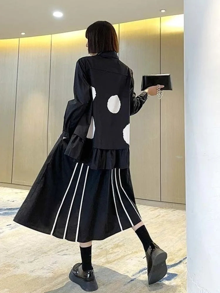 Women Black Color-block Dot Big Size Blouse New Lapel Long Sleeve Large Hem Shirt Fashion Tide Spring Autumn 2025 1DH4274