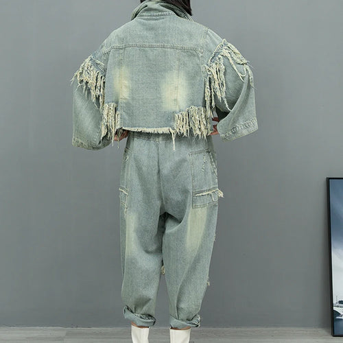 Load image into Gallery viewer, Blue Denim Holes Tassels Big Size Casual Jacket New Lapel Long Sleeve Women Coat Fashion Tide Spring Autumn 2025 1DH9908
