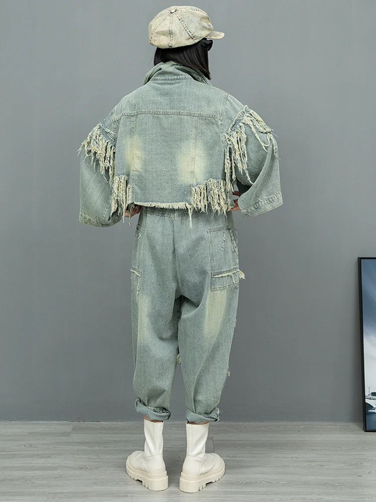 Blue Denim Holes Tassels Big Size Casual Jacket New Lapel Long Sleeve Women Coat Fashion Tide Spring Autumn 2025 1DH9908