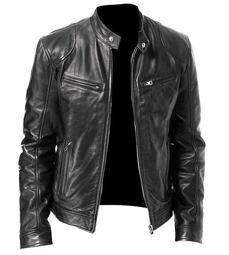 Motorcycle Jacket Mens Slim Fit Short-Coat Collar PU Jackets Winter Autumn Zipper Stand Windproof Leather Fashion Coat Plus Size