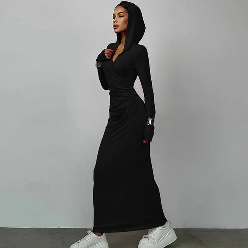 Load image into Gallery viewer, Elegant V Neck Hooded Maxi Dress For Women Autumn Winter New Long Sleeve Bodycon Ruched Fashion Long Dress New
