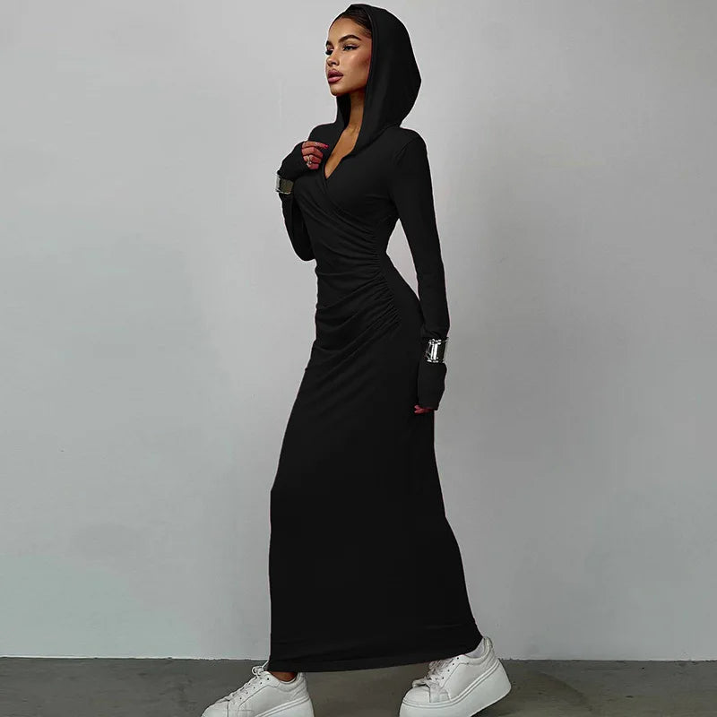 Elegant V Neck Hooded Maxi Dress For Women Autumn Winter New Long Sleeve Bodycon Ruched Fashion Long Dress New