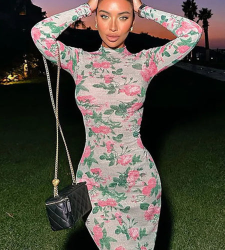 Bodycon Long Sleeve Half High Collar Print Zipper Elegant Maxi Dress Women Slim High Waist Sexy Dress Ladies Outfits