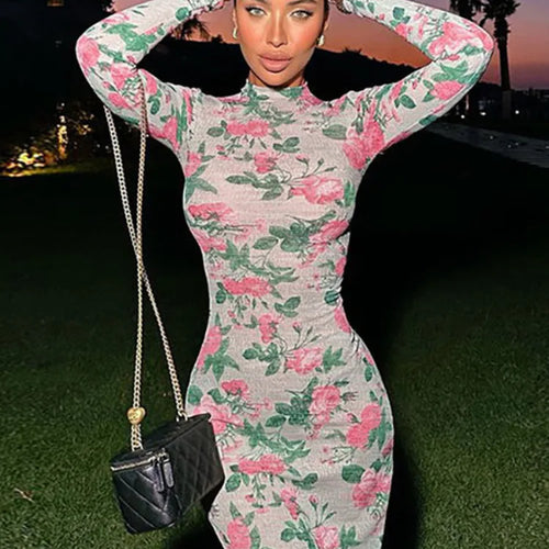 Load image into Gallery viewer, Bodycon Long Sleeve Half High Collar Print Zipper Elegant Maxi Dress Women Slim High Waist Sexy Dress Ladies Outfits
