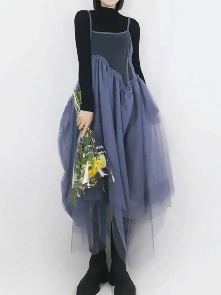 Women Green Mesh Layers Elegant Spaghetti Strap Dress New Square Collar Sleeveless Fashion Tide Spring Autumn 2025 1DJ0363