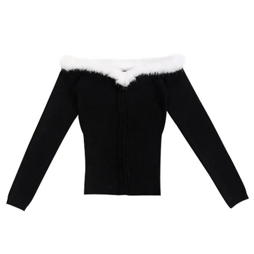 Load image into Gallery viewer, Patchwork Feathers Sweaters For Women Slash Neck Long Sleeve Slim Single Breasted Sweater Female Autumn Fashion
