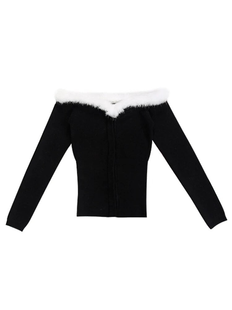 Patchwork Feathers Sweaters For Women Slash Neck Long Sleeve Slim Single Breasted Sweater Female Autumn Fashion