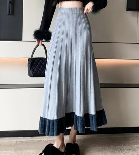 Korean Fashion Women Patchwork Ruffle Edge Knitted Long Skirts 2024 Autumn Winter Vintage High Waist Party A-line Pleated Skirt