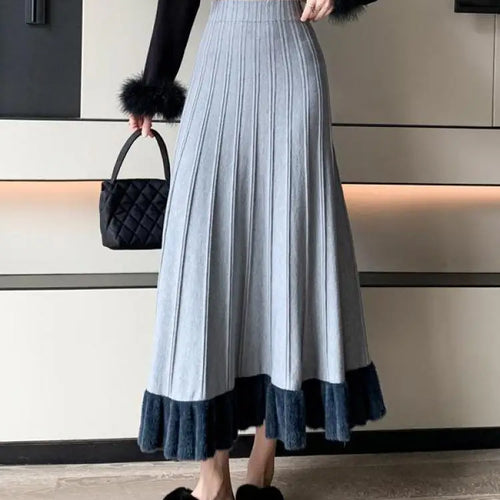 Load image into Gallery viewer, Korean Fashion Women Patchwork Ruffle Edge Knitted Long Skirts 2024 Autumn Winter Vintage High Waist Party A-line Pleated Skirt
