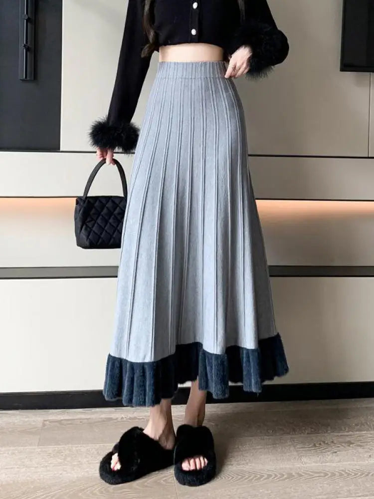 Korean Fashion Women Patchwork Ruffle Edge Knitted Long Skirts 2024 Autumn Winter Vintage High Waist Party A-line Pleated Skirt