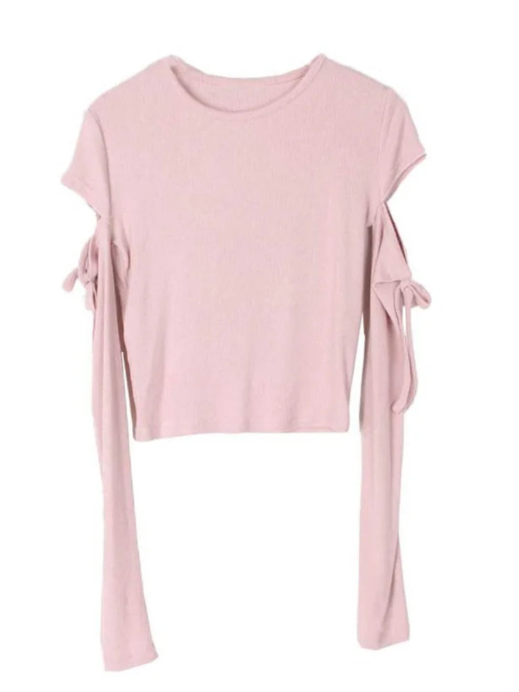 Women Bandage Harajuku Solid T Shirts Female Long Sleeve Tees  2025 Autumn T-shirt Streetwear Y2k All Match Hollow Out Tops