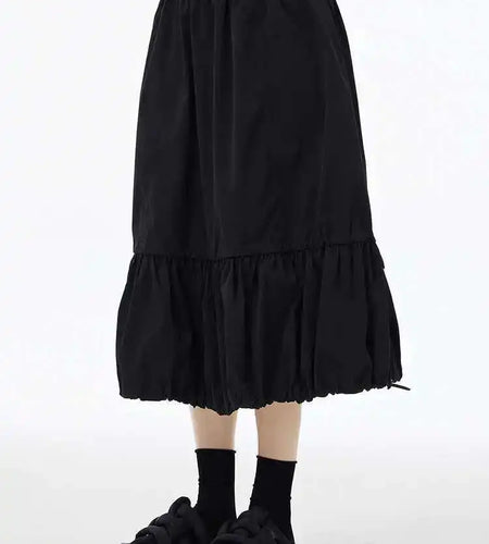 High Elastic Waist Black Drawstring Pleated A-line Half-body Skirt Women Fashion Tide New Spring Autumn 2025 1DH6607