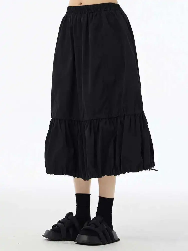 High Elastic Waist Black Drawstring Pleated A-line Half-body Skirt Women Fashion Tide New Spring Autumn 2025 1DH6607