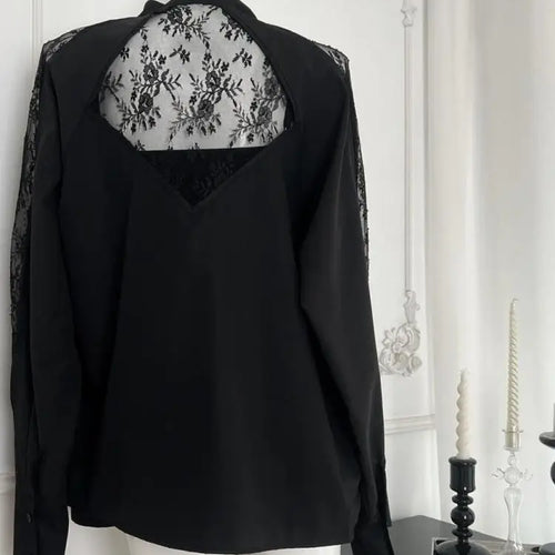 Load image into Gallery viewer, Women's Black Patchwork Lace Single Breasted Cotton Shirt Spring Autumn Long Sleeve Loose Blouses Office Lady Elegant Tops Trend
