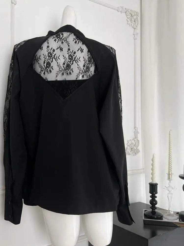 Women's Black Patchwork Lace Single Breasted Cotton Shirt Spring Autumn Long Sleeve Loose Blouses Office Lady Elegant Tops Trend