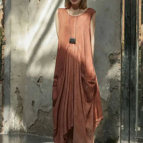 Load image into Gallery viewer, Women Orange Pleated Vintage Casual Dress New Round Neck Sleeveless Loose Fit Fashion Tide Spring Summer 2025 1DF6825
