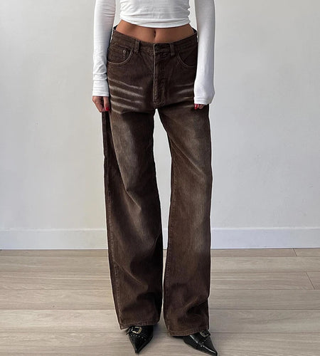 Vintage Brown Washed Basic Color Corduroy Jeans Women Pockets Color Wiping Full Length Trousers Straight Leg Bottoms