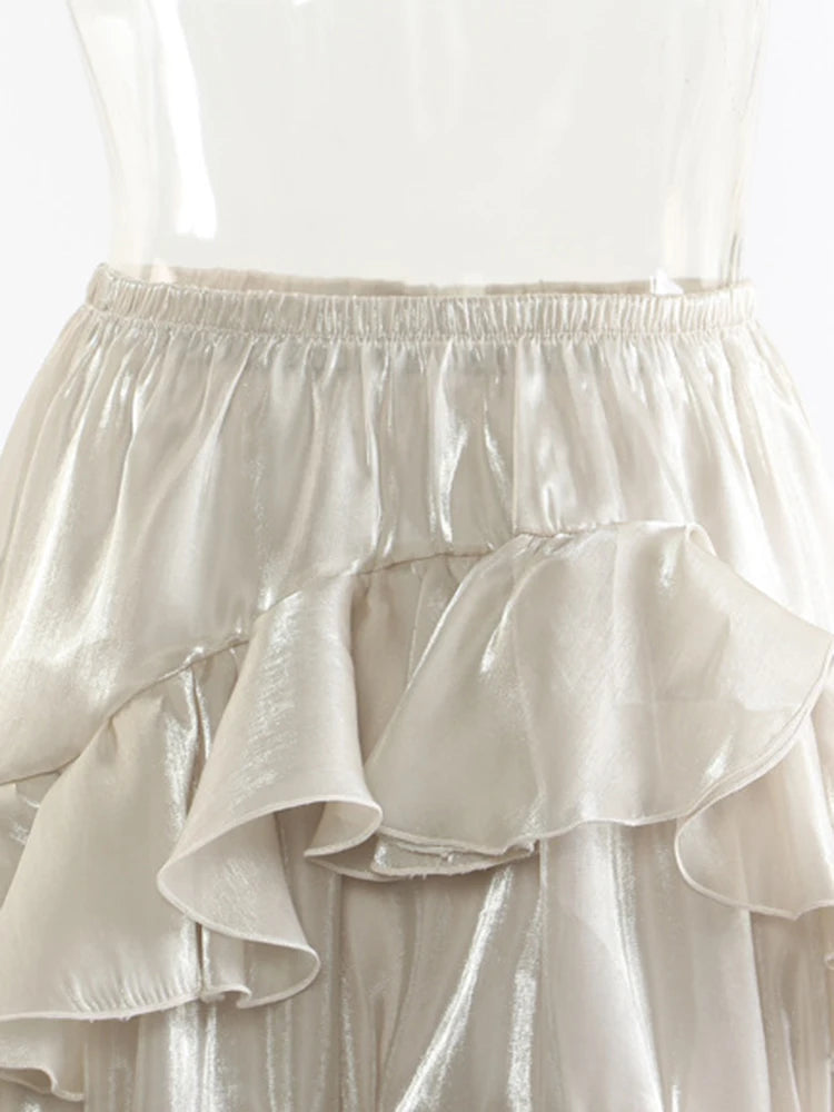 High Elastic Waist Champagne Glossy Ruffles Irregular Half-body Skirt Women Fashion Tide New Spring Autumn 2025 1DJ0349