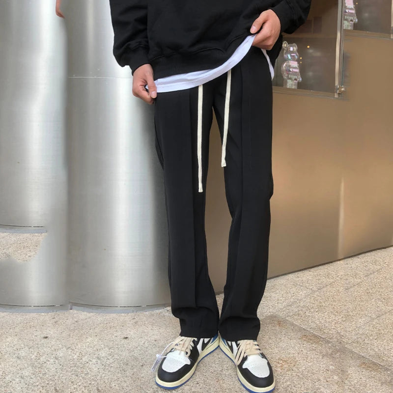 Drawstring Straight Men's Suit Pants Solid Color Elastic Waist Trend Male Straight Wide Le Trousers Autumn Simple 9C8809