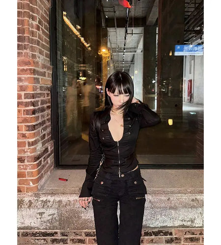 Women Crop Tops Sexy Blouses Women Deep V-neck Zipper Shirts 2024 Blusas Mujer De Moda Long Sleeve Tunic Casual Chic Y2k Blouse