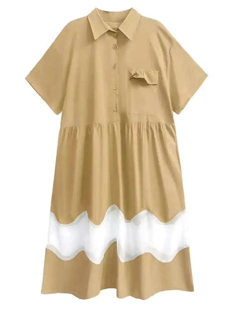 Women Blue Perspective Big Size Shirt Dress New Lapel Short Sleeve Loose Fit Fashion Tide Spring Summer 2025 1DF8791