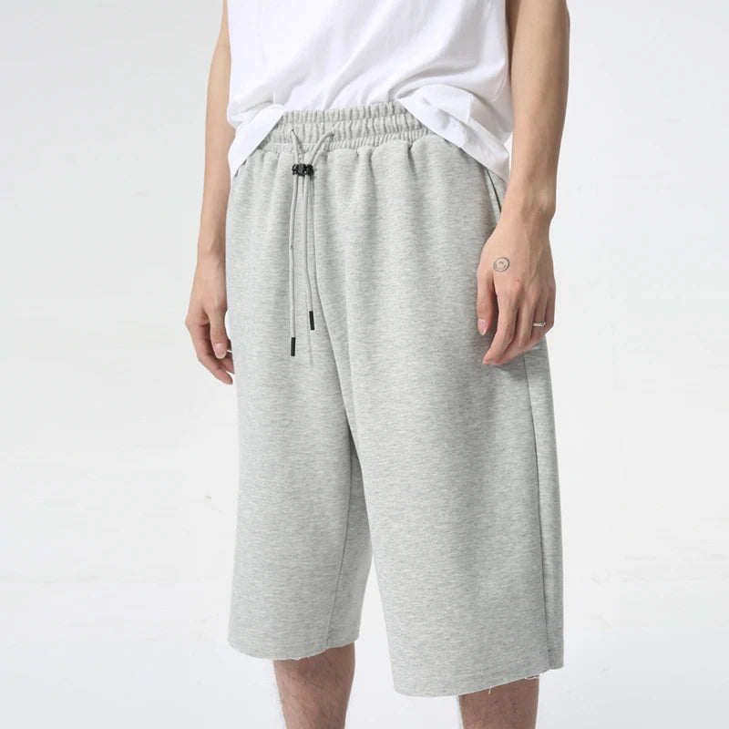 Simple Solid Color Men's Shorts Knee Length Wide Leg Drawstring Lace Male Fashion Trousers New Stylish Summer 9C6093