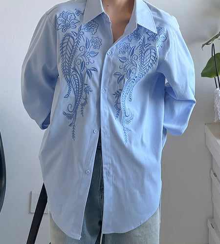 Women Blue Embroidery Big Size Vintage Casual Blouse New Lapel Long Sleeve Shirt Fashion Tide Spring Autumn 2025 1DJ1236