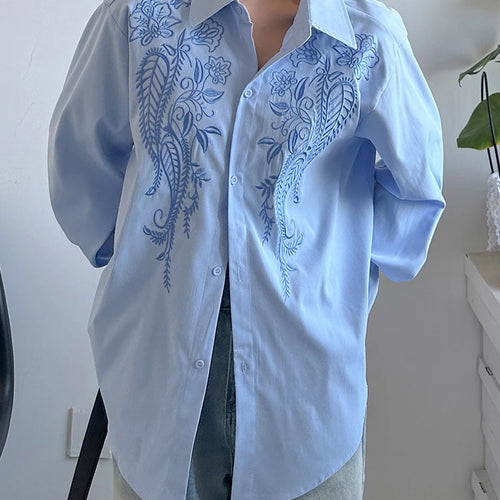 Load image into Gallery viewer, Women Blue Embroidery Big Size Vintage Casual Blouse New Lapel Long Sleeve Shirt Fashion Tide Spring Autumn 2025 1DJ1236
