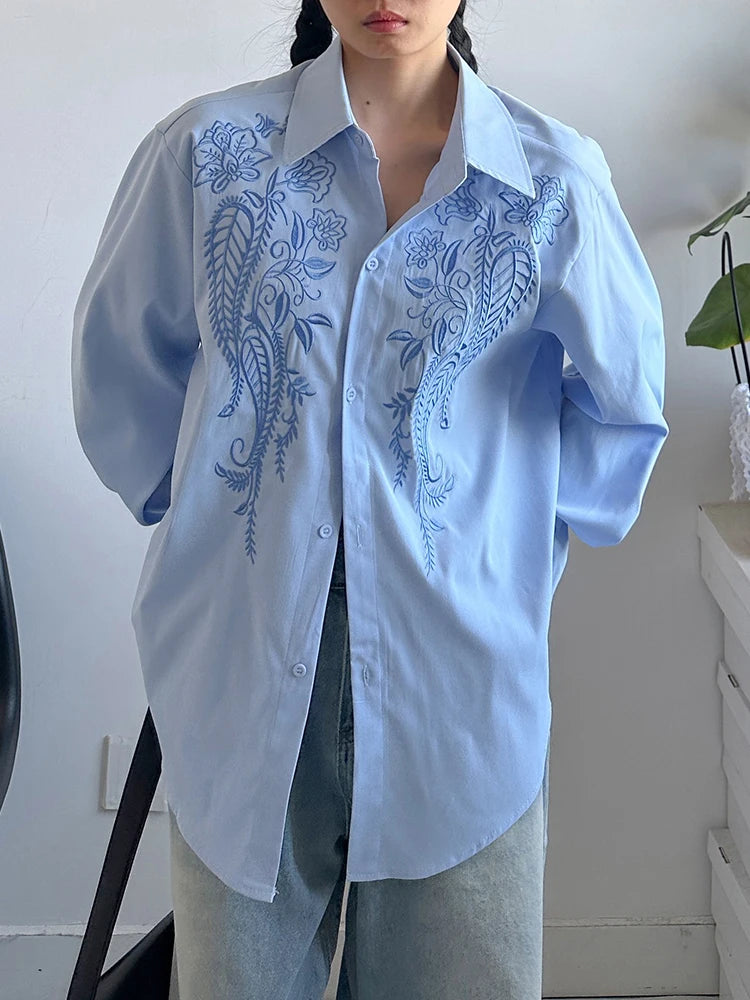Women Blue Embroidery Big Size Vintage Casual Blouse New Lapel Long Sleeve Shirt Fashion Tide Spring Autumn 2025 1DJ1236