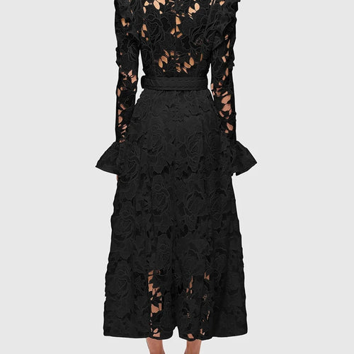 Load image into Gallery viewer, Elegant Hollow Out Lace Dresses For Women Stand Collar Flare Sleeve High Waist Patchwork Belt  A Line Folds Dress Female
