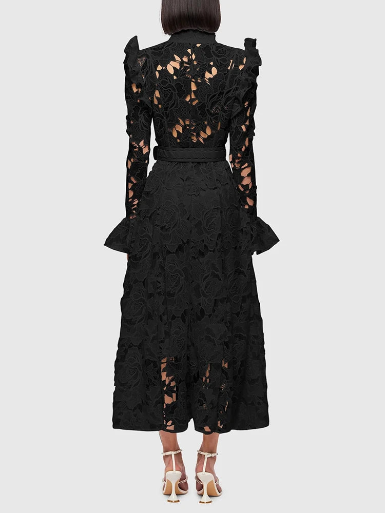 Elegant Hollow Out Lace Dresses For Women Stand Collar Flare Sleeve High Waist Patchwork Belt  A Line Folds Dress Female