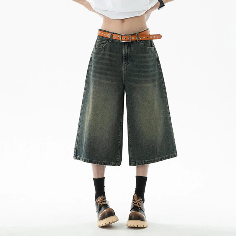 Men's Denim Shorts New American Hign Street Style Cat Whisker Design Casual Solid Color Washed Male Bottoms 2025 9W1657