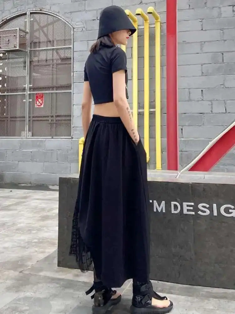 High Elastic Waist Black Irregular Mesh Casual Midi Half-body Skirt Women Fashion Tide New Spring Autumn 2025 1DH4596