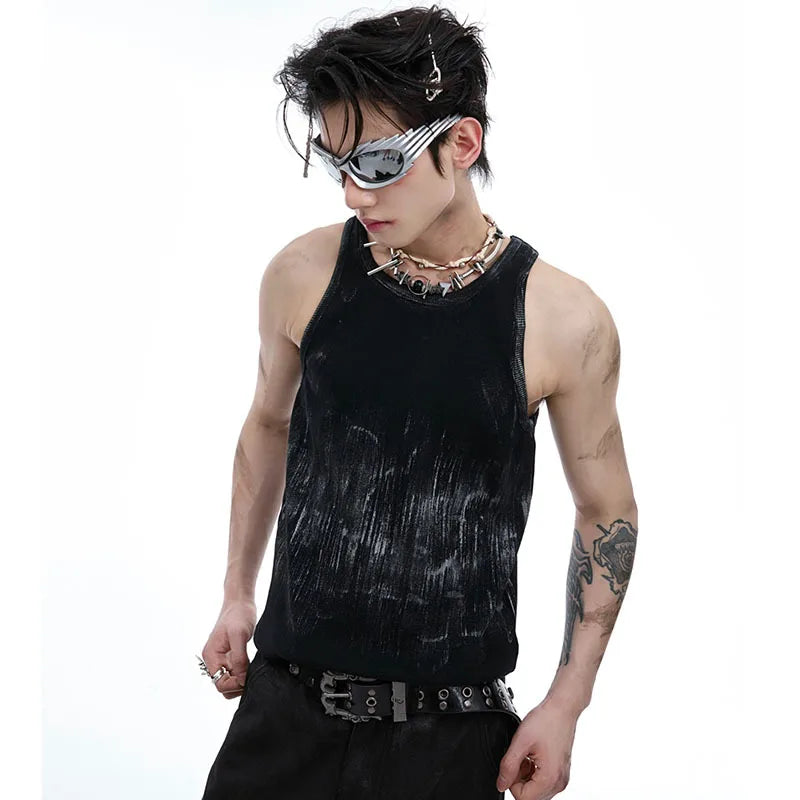 Summer Distressed Slim Fit Vest Niche Sleeveless Tie Dyeing New Fashion Male Tank Tops Contrast Color Casual 24E1293