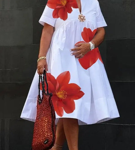 Women's Summer New Dress 2025 V-Neck Pleated Short Sleeves White Loose Flower Print Casual Midi Dresses for Woman