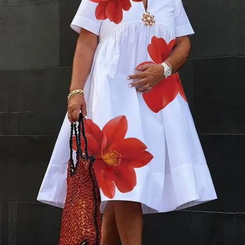Load image into Gallery viewer, Women&#39;s Summer New Dress 2025 V-Neck Pleated Short Sleeves White Loose Flower Print Casual Midi Dresses for Woman
