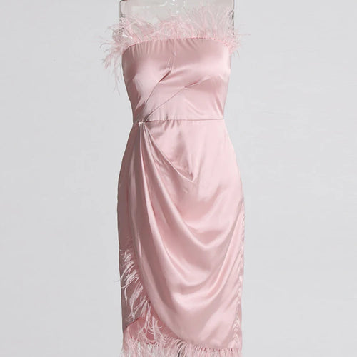 Load image into Gallery viewer, Patchwork Feathers Elegant Dresses For Women Slash Neck Sleeveless High Waist Folds Split Asymmetrical Dress Female Style
