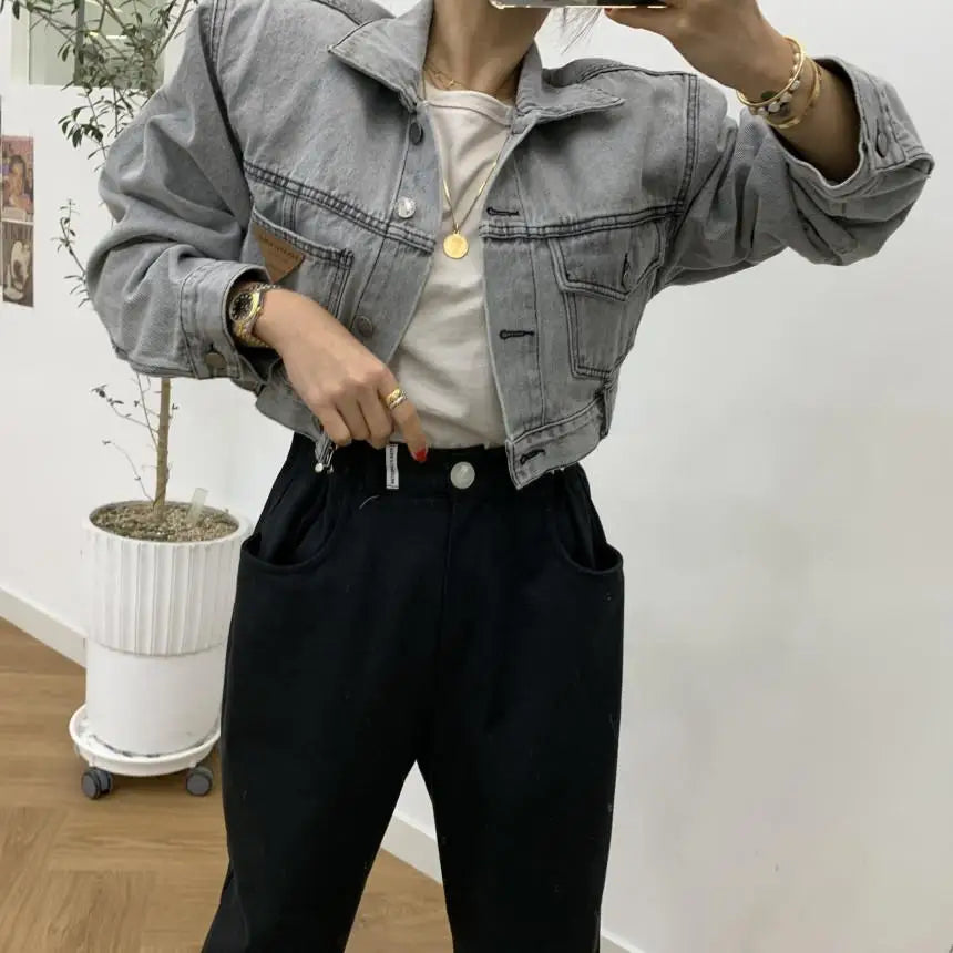 Retro Grey Crop Denim Jacket Women Long Sleeve 2023 Autumn Street Korean Fashion High Waist Jean Coat Ladies Festival Outerwear