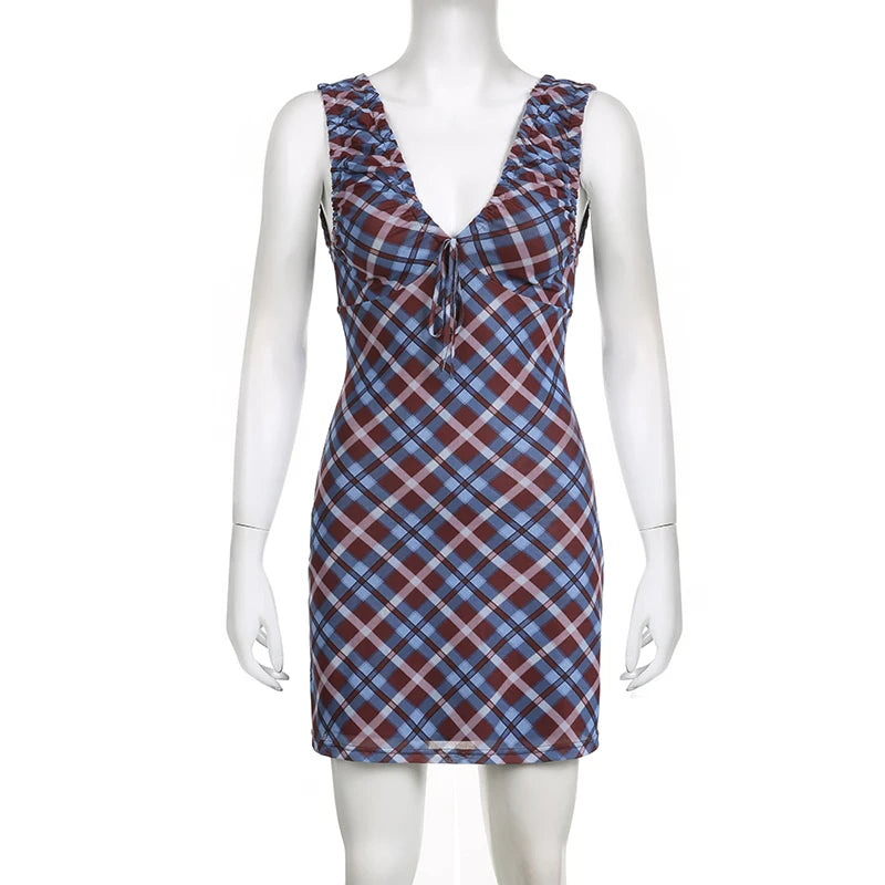 V Neck Plaid Shirring Vintage Mesh Dress Sleeveless Korean Fashion Y2K Ruched Summer Dress Double Layer Party Clothes