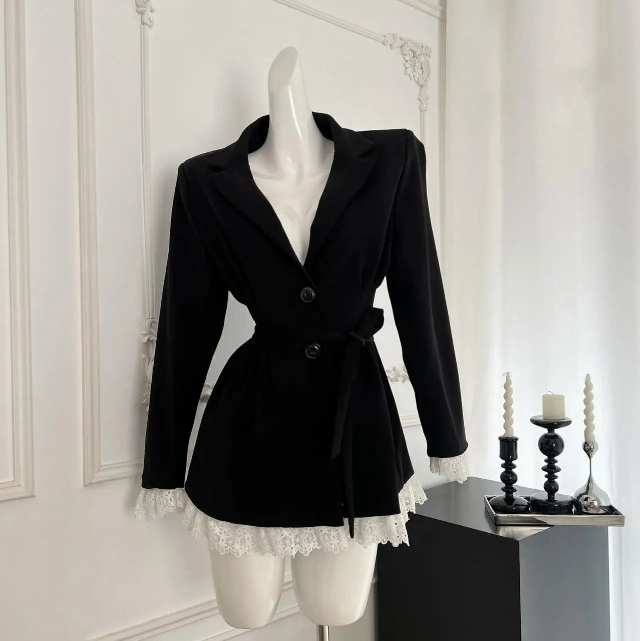 Vintage French New Women Black Patchwork Lace Single Breasted Bandage Blazer Jacket Autumn Winter Sweet Temperament Tops Fashion