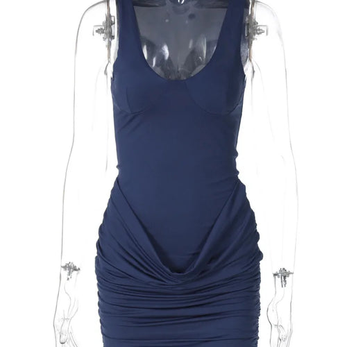 Load image into Gallery viewer, Sleeveless Ruched Sexy Mini Dress For Women Robe New Fashion Solid U Neck Sleeveless Bodycon Club Dress Partywear
