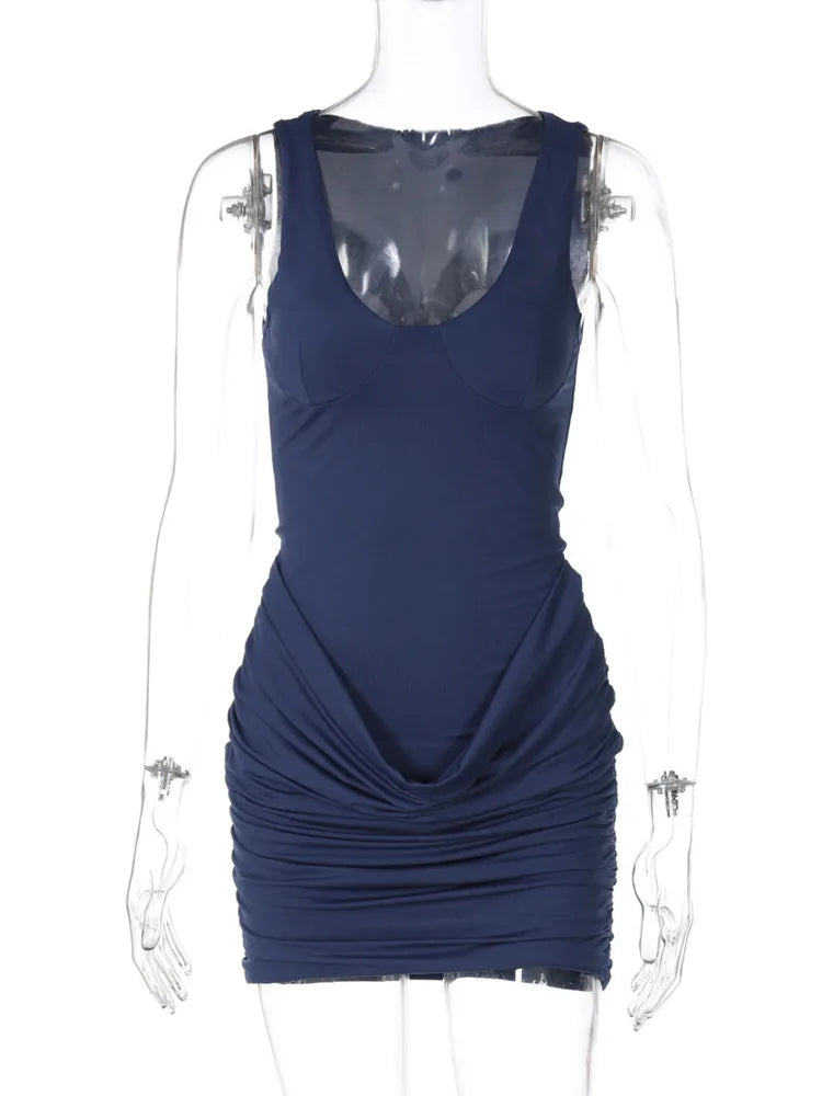 Sleeveless Ruched Sexy Mini Dress For Women Robe New Fashion Solid U Neck Sleeveless Bodycon Club Dress Partywear
