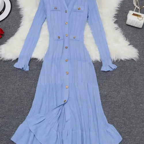 Load image into Gallery viewer, Korean 2024 New Spring Autumn Solid Temperament V-neck Knitted Dresses Women's Elegant Long Sleeve Office Buttons Ruffles Dress
